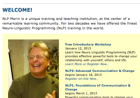 Logo of NLP Marin and smiling face of instructor, Carl Buchheit